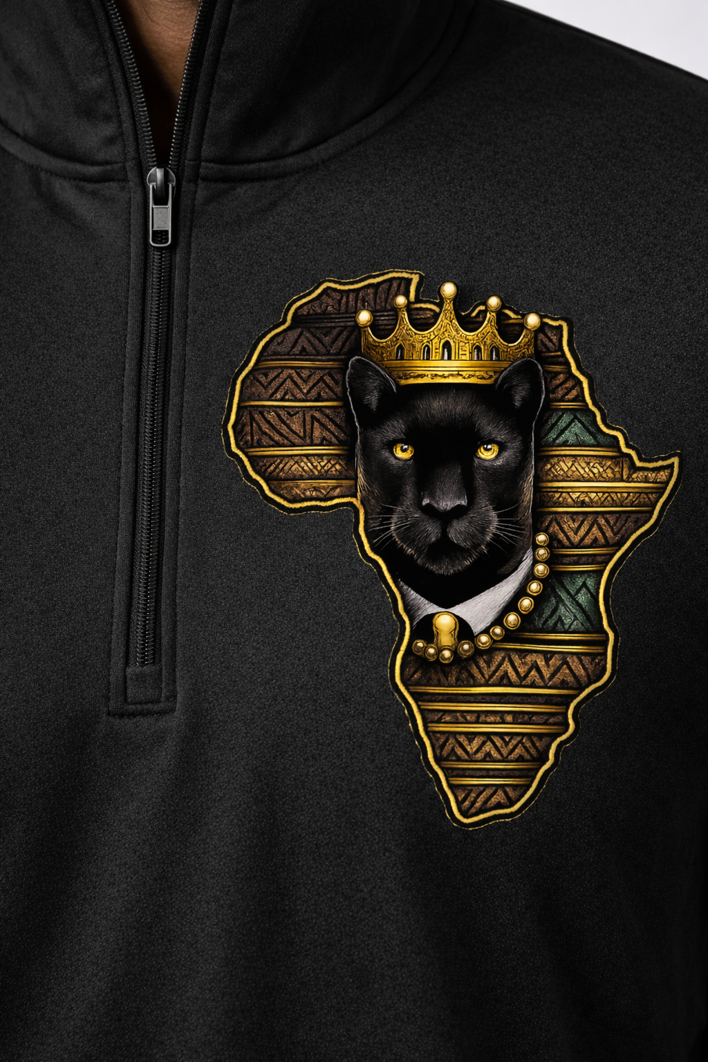 Black hoodie with a design of a panther wearing a crown within the outline of Africa.
