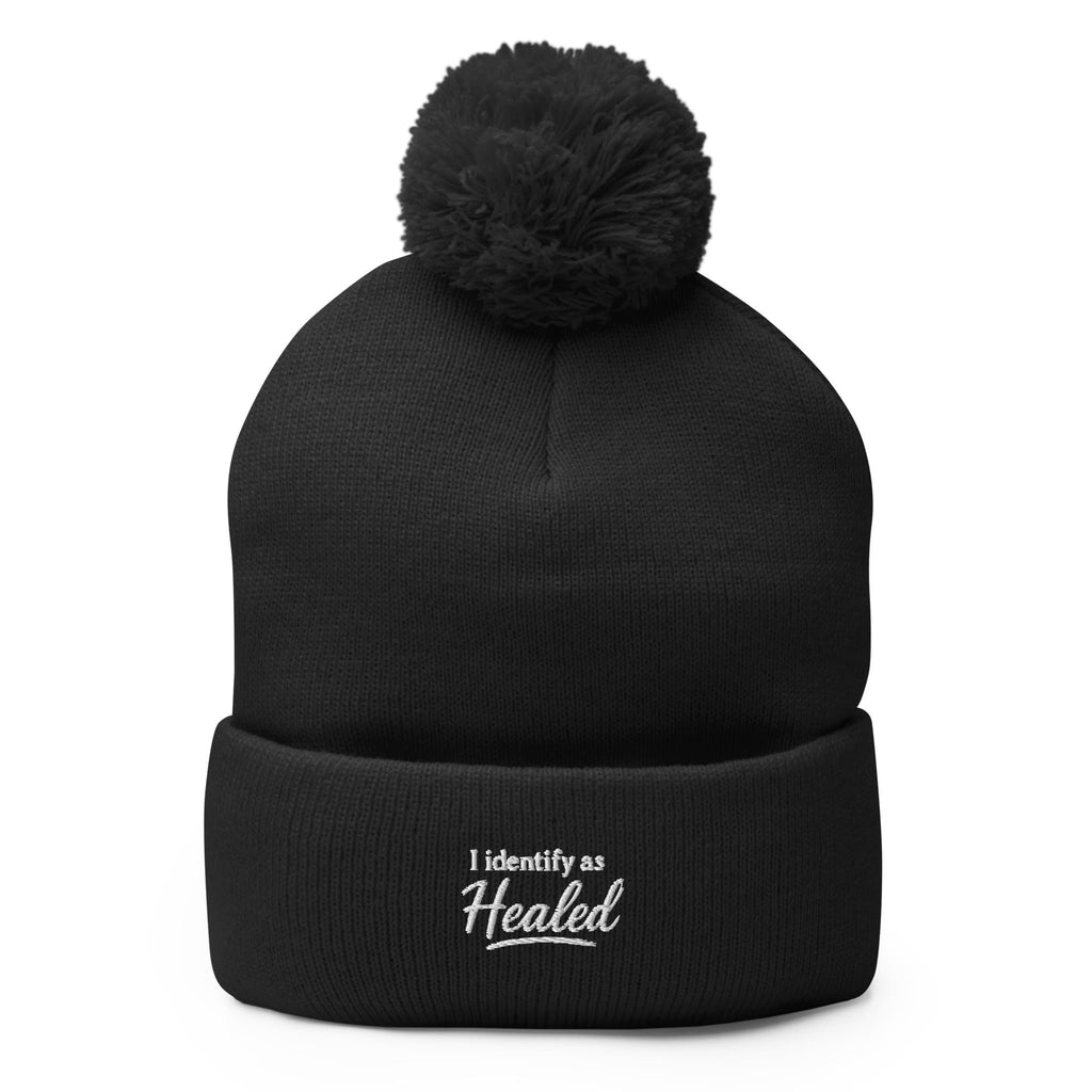 I Identify As Healed Embroidered Patch Beanie Black Pom Pom Hat