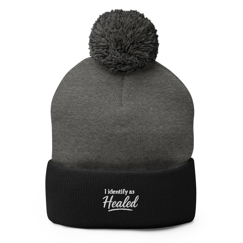 I Identify As Healed Embroidered Patch Beanie Black Pom Pom Hat
