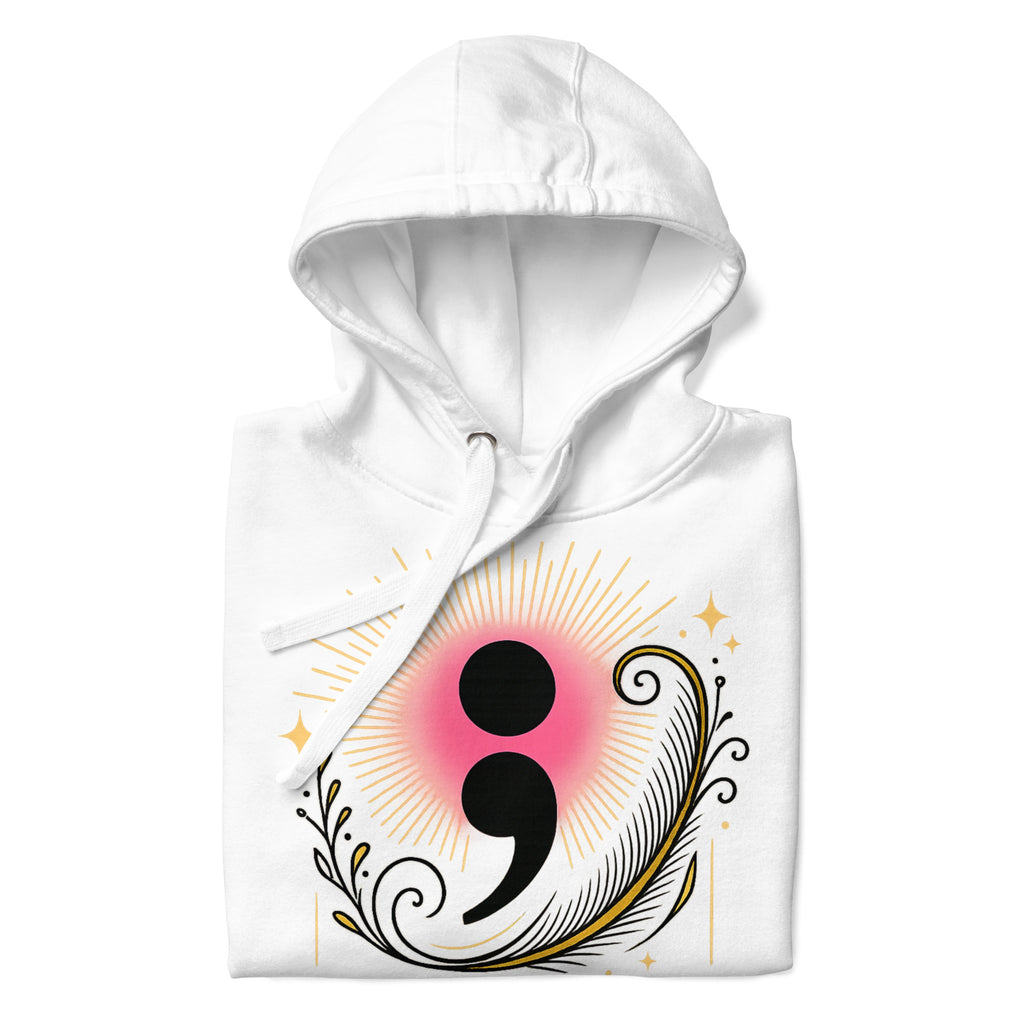 White hoodie with a unique design featuring a pink circle, black symbol, and decorative elements on a white background.