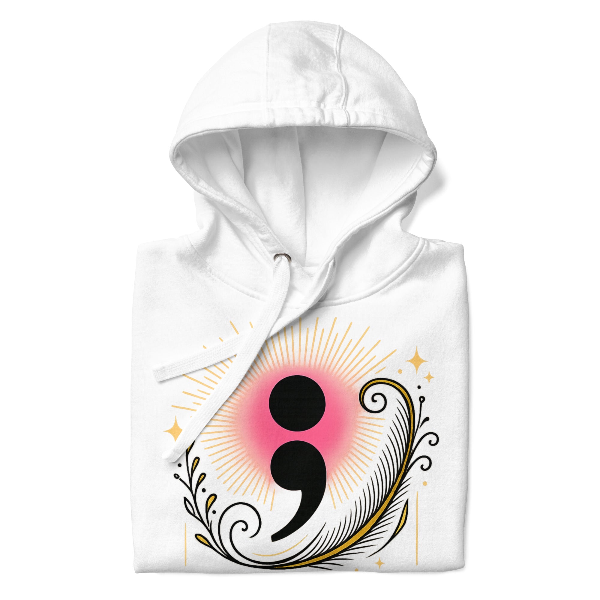 White hoodie with a unique design featuring a pink circle, black symbol, and decorative elements on a white background.
