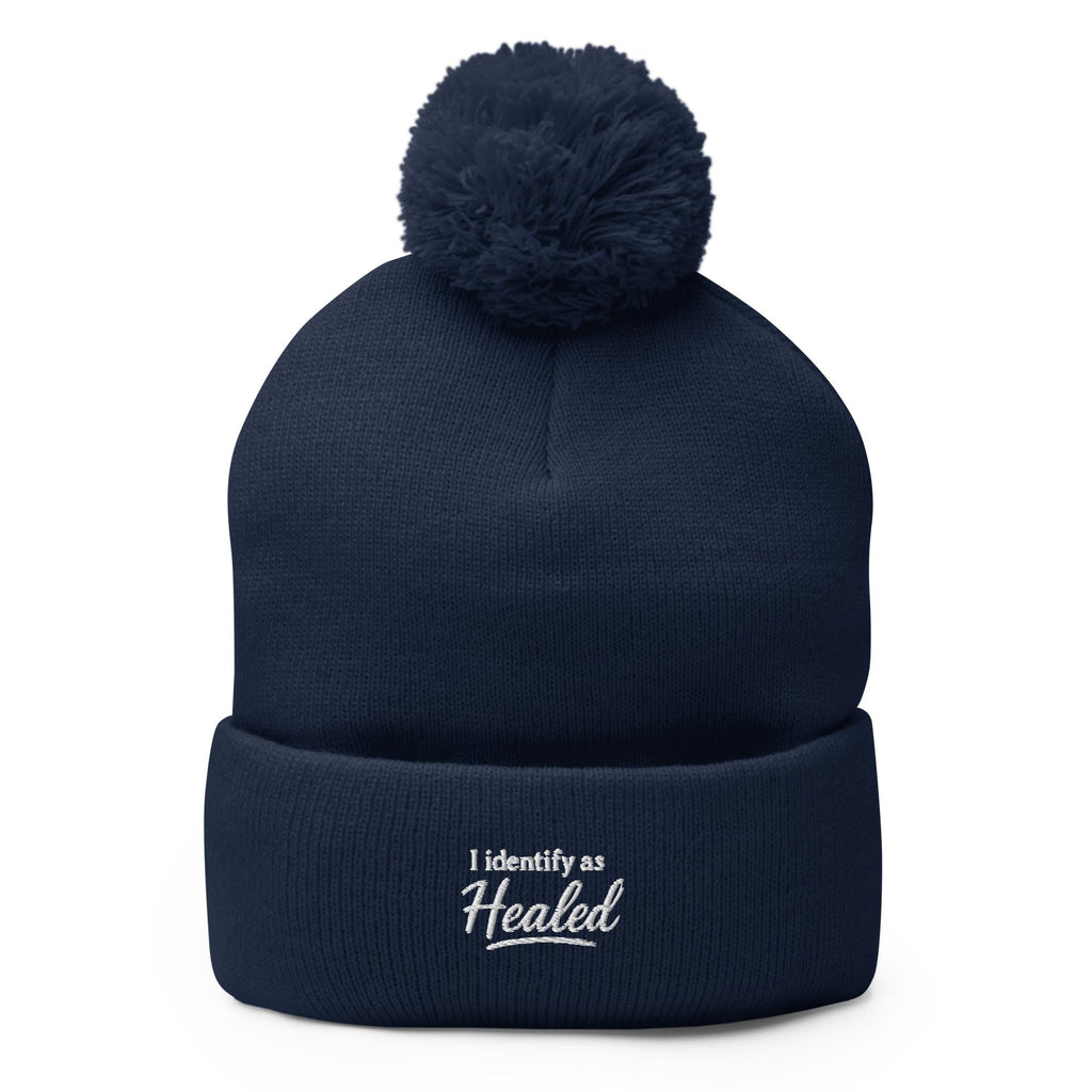 I Identify As Healed Embroidered Patch Beanie Black Pom Pom Hat