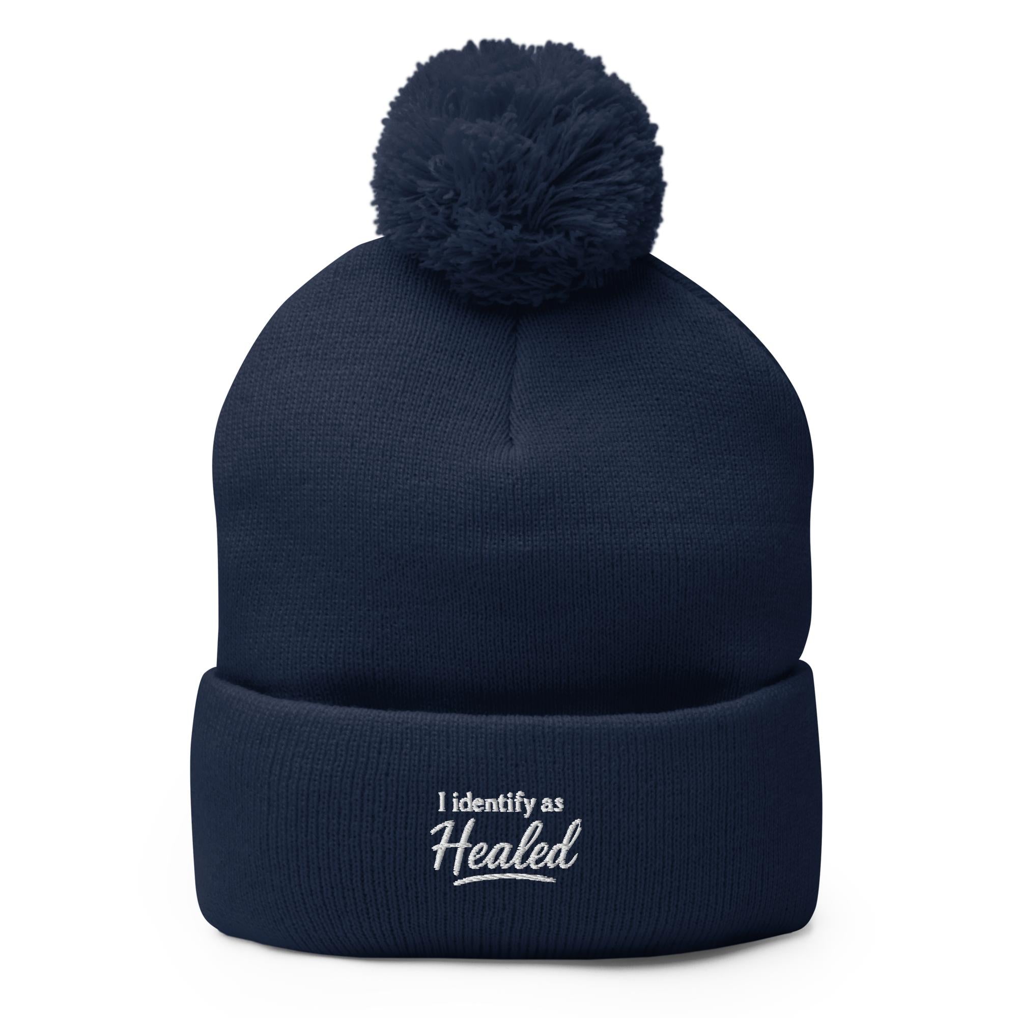 I Identify As Healed Embroidered Patch Beanie Black Pom Pom Hat